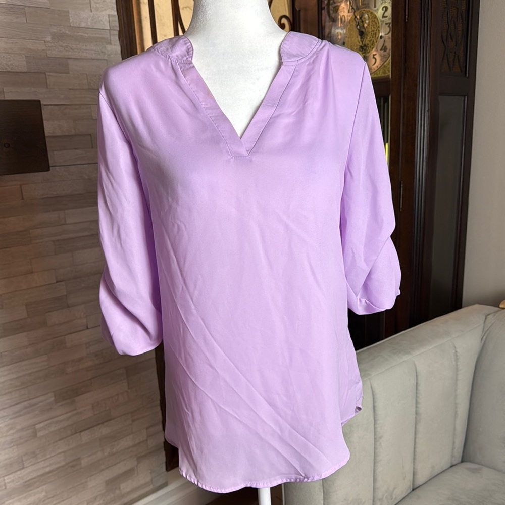 Purple Relaxed Tunic with 3/4 Sleeves and Mandarin Collar